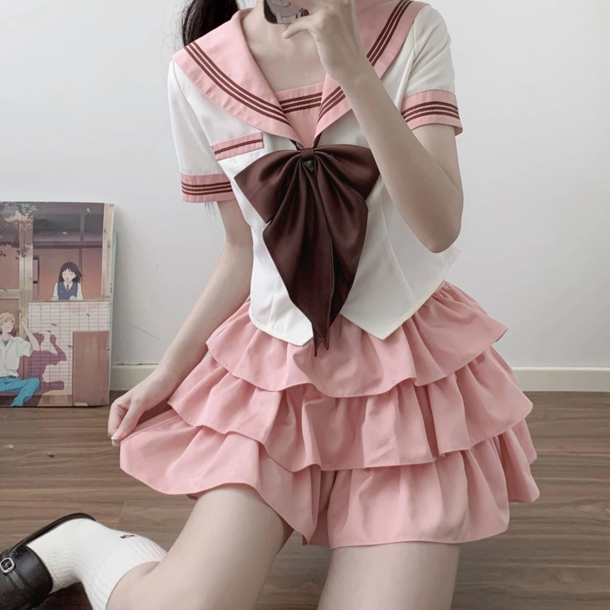 御茶家 小巧莓原创学院风水手服初恋感海军领短款收腰显瘦截短上衣蓬蓬蛋糕裙半身裙裙装套装 女款