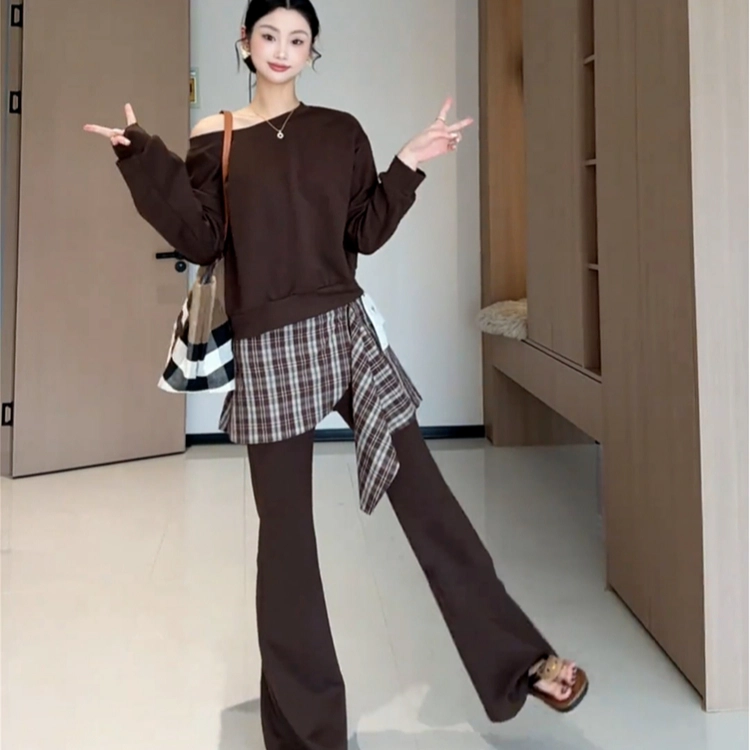 水中花 韩系高级感穿搭一整套女早秋季斜肩卫衣两件 休闲套装 女款