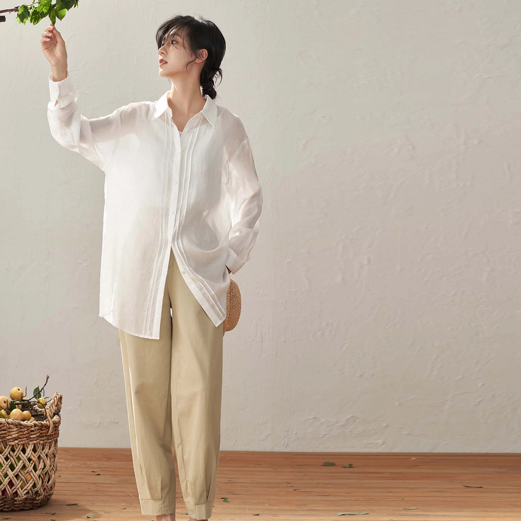 茵曼 纯色直筒宽松长裤 女款 卡其色
