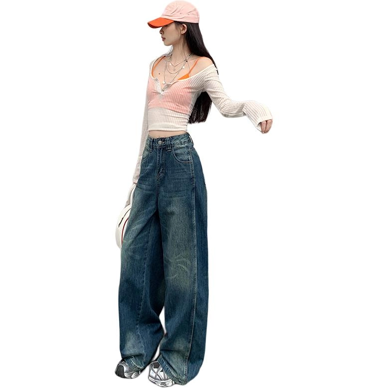 玫丝朵 美式复古潮流做旧设计时尚百搭宽松直筒垂感拖地牛仔裤 女款