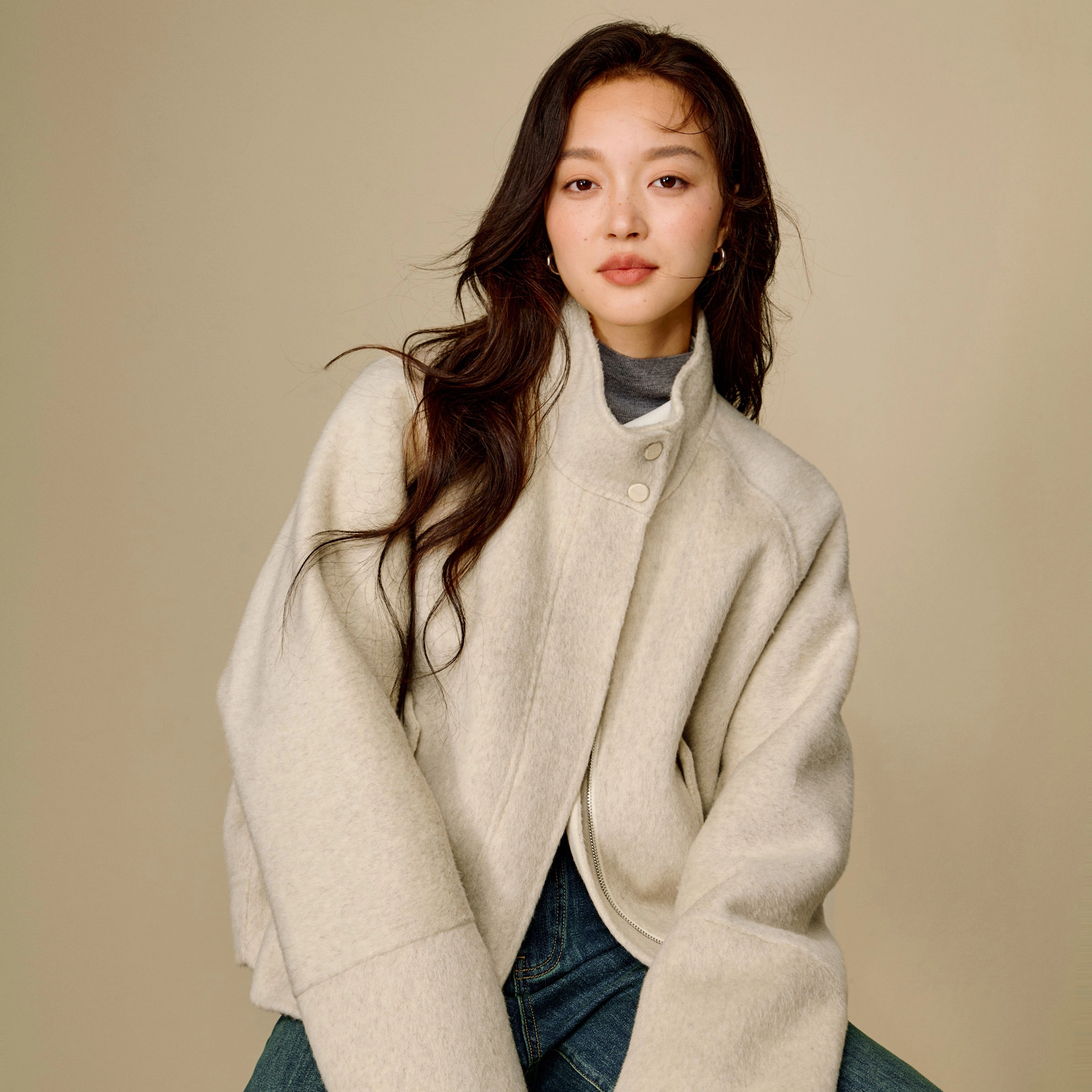 茵曼 双面呢外套简约休闲宽松短款大衣 女款