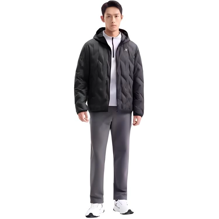 特步 跑步系列 纯色拉链连帽舒适透气短款羽绒服 男款 正黑色
