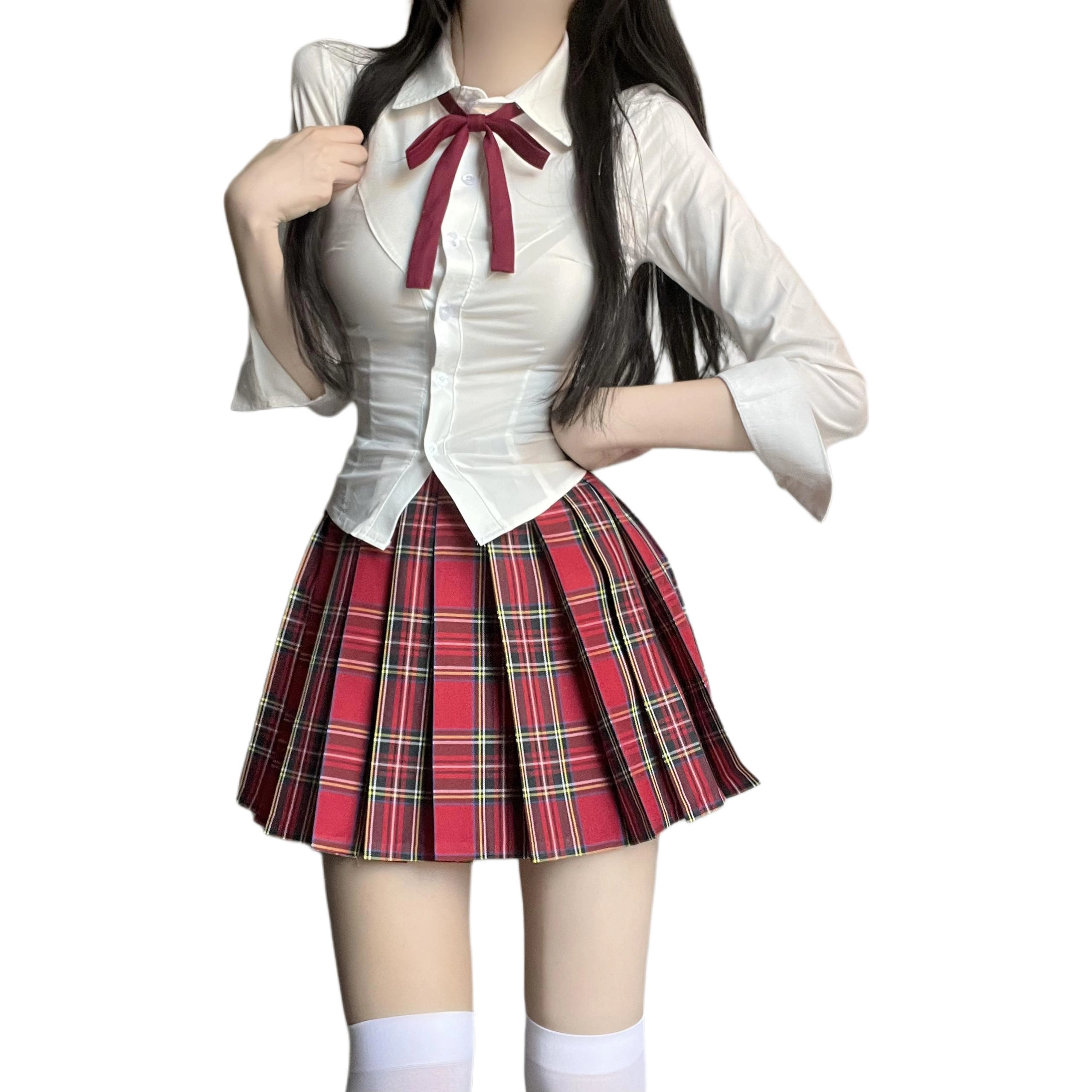花山家的猫 红色格纹百褶裙收腰长袖衬衫制服 女款