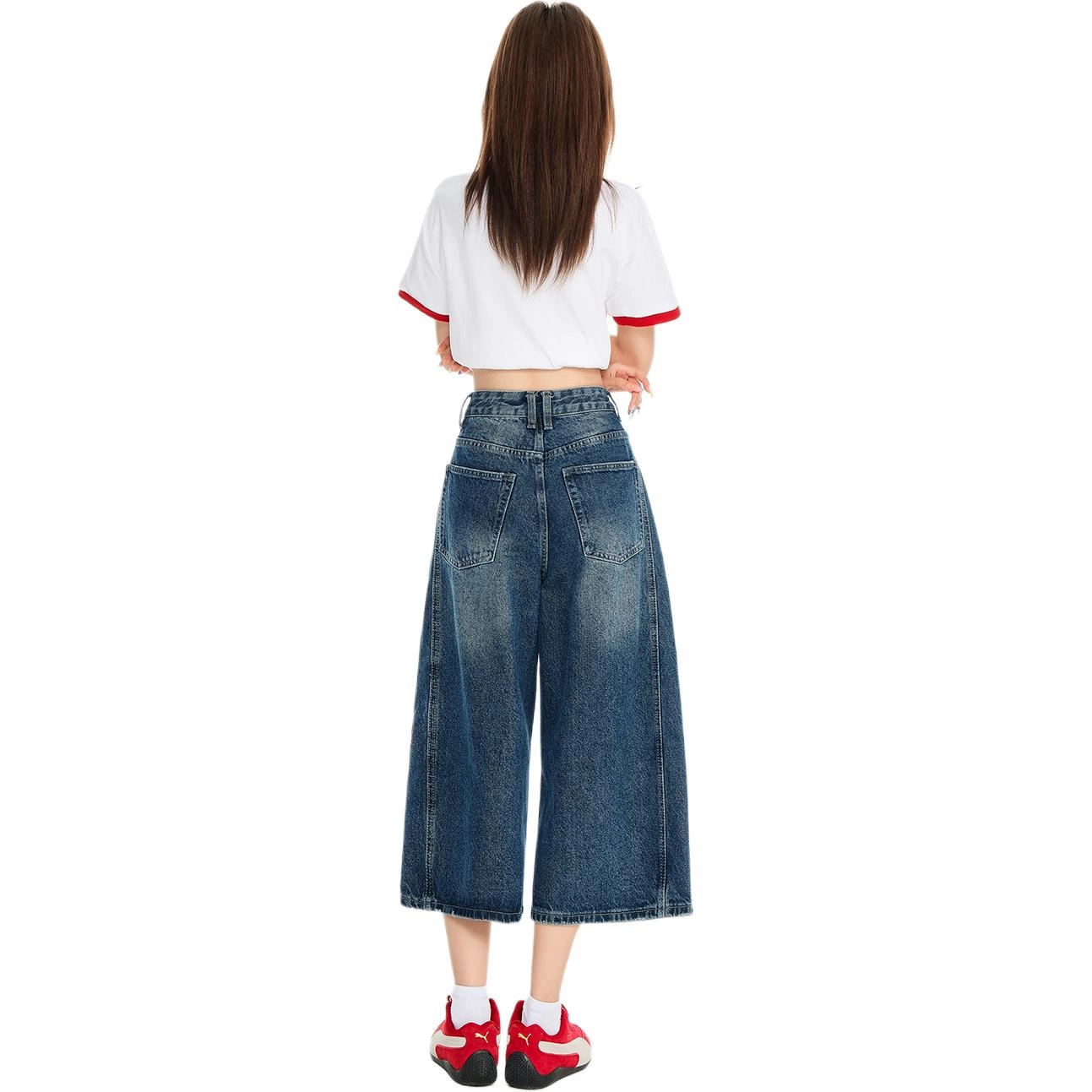 玫丝朵 美式复古做旧质感高腰宽松直筒七分牛仔短裤 女款