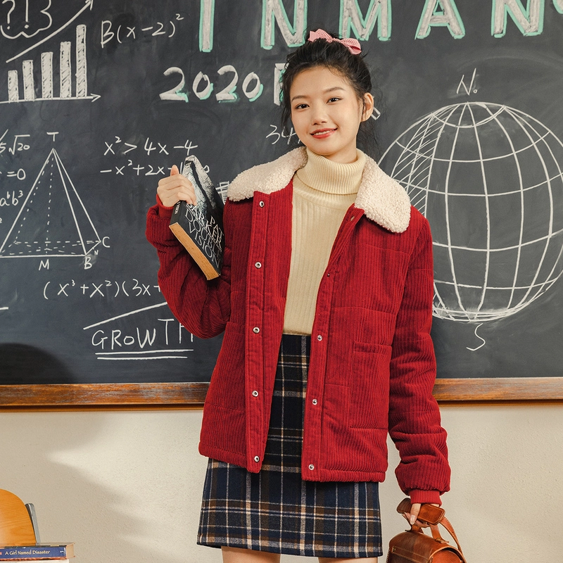 茵曼 纯色灯芯绒翻领休闲棉服 女款 复古红
