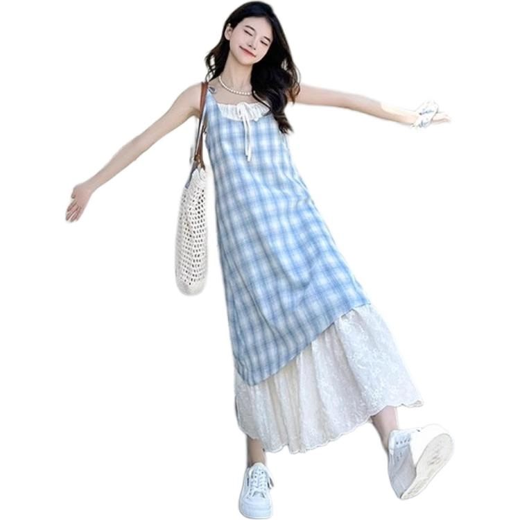 依钗 度假学院风拼接中长吊带连衣裙 女款