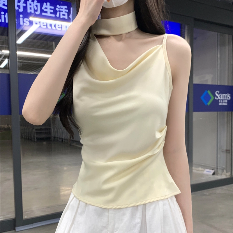 缪斯的诱惑 设计感斜肩荡领挂脖飘带女夏季气质时尚修身短款上衣吊带 女款