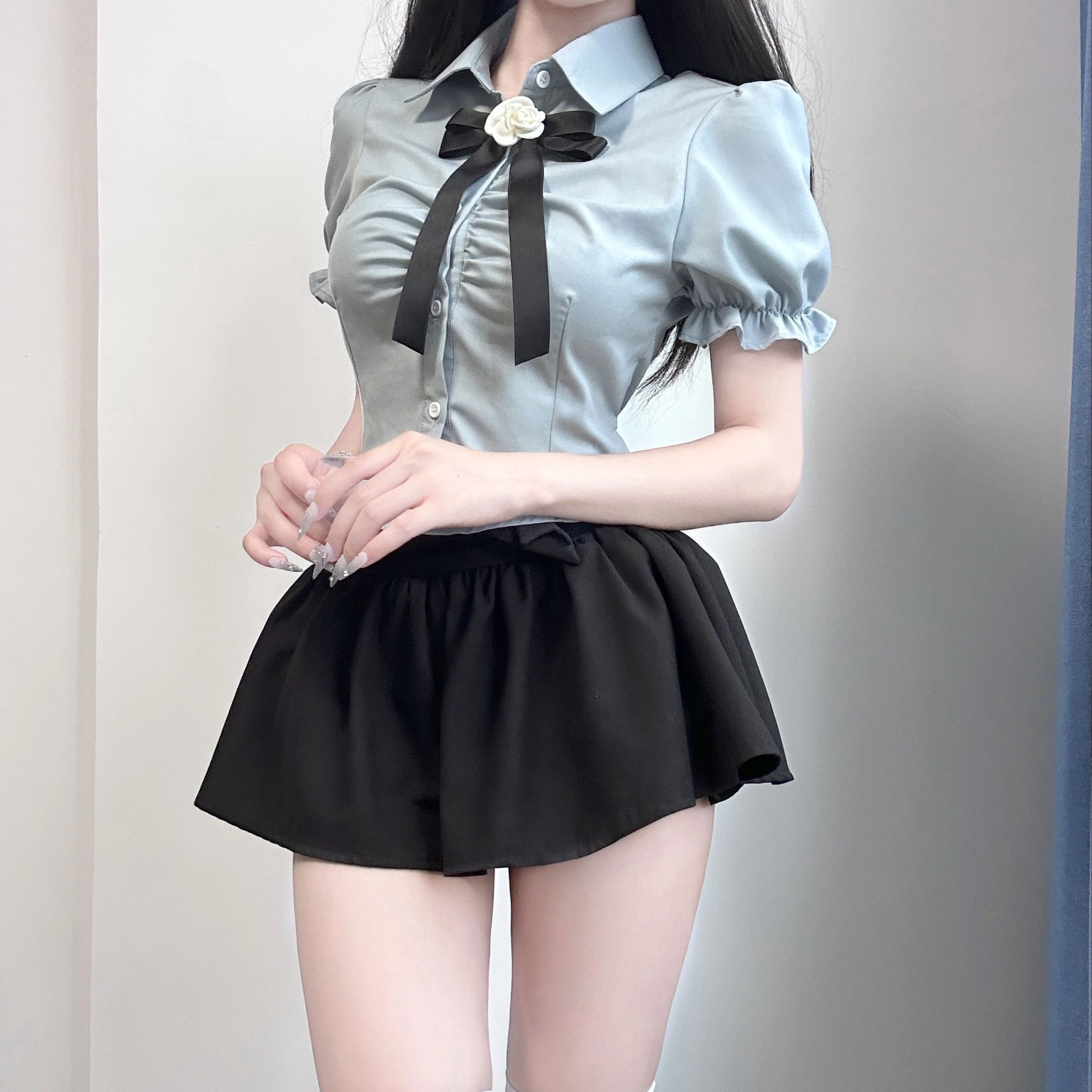 九条喵 纯色收腰抽褶泡泡袖短袖衬衫 女款 蓝色