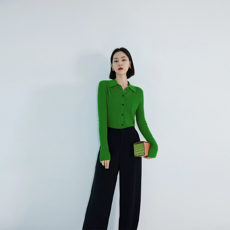美洋 纯色单排扣翻领长袖针织衫 女款