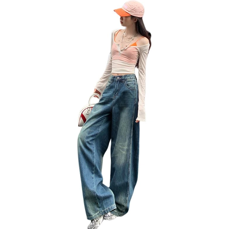 玫丝朵 美式复古潮流做旧设计时尚百搭宽松直筒垂感拖地牛仔裤 女款