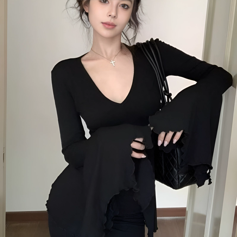 秀黛 修身显瘦设计感纯色常规长袖通勤风打底衣 女款