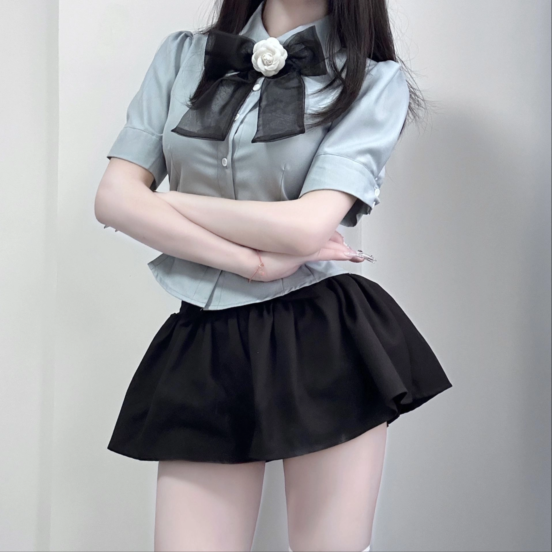 九条喵 山茶花网纱领结蓝色收腰短袖衬衫领结纯色休闲短裙套装制服 女款