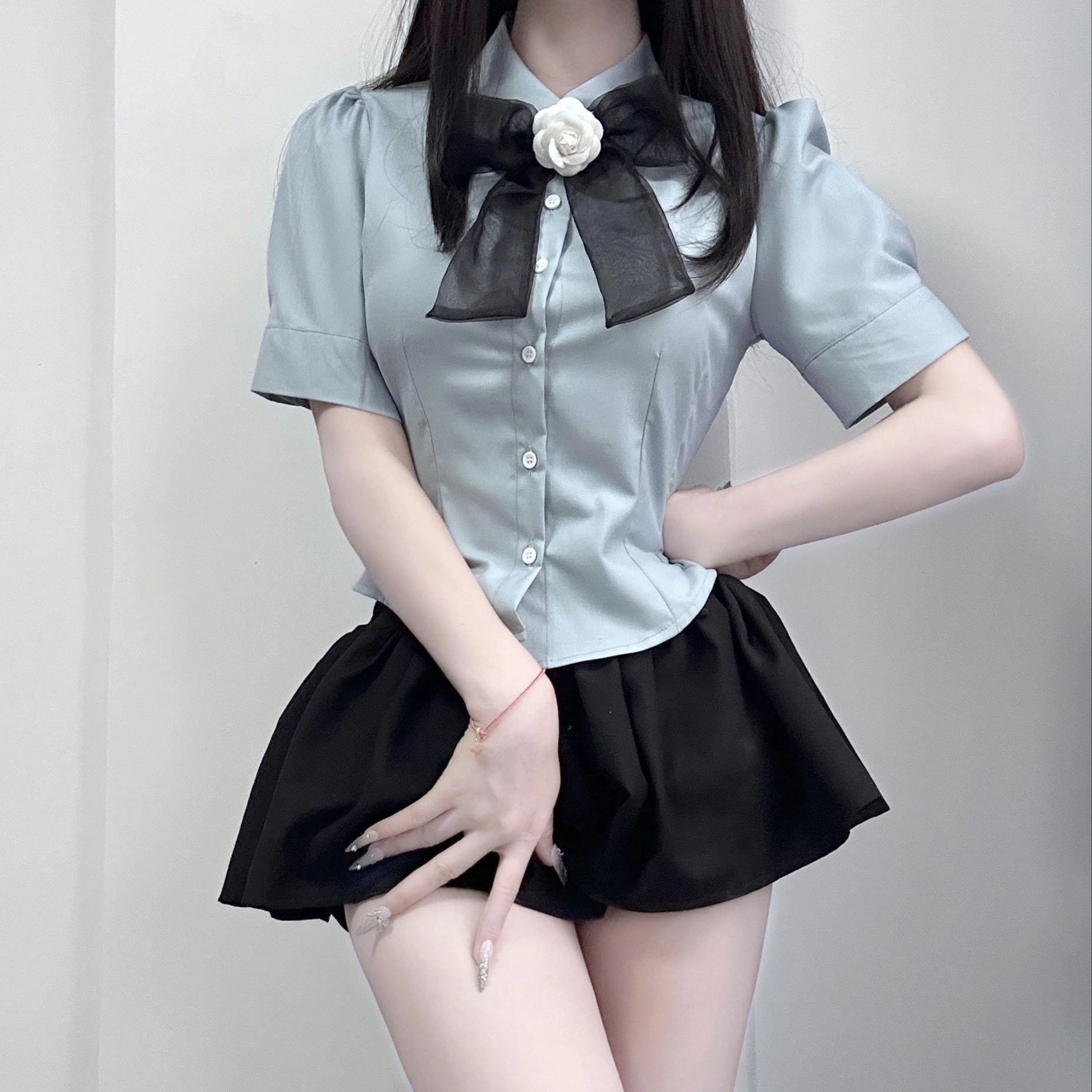九条喵 山茶花网纱领结蓝色收腰短袖衬衫领结纯色休闲短裙套装制服 女款