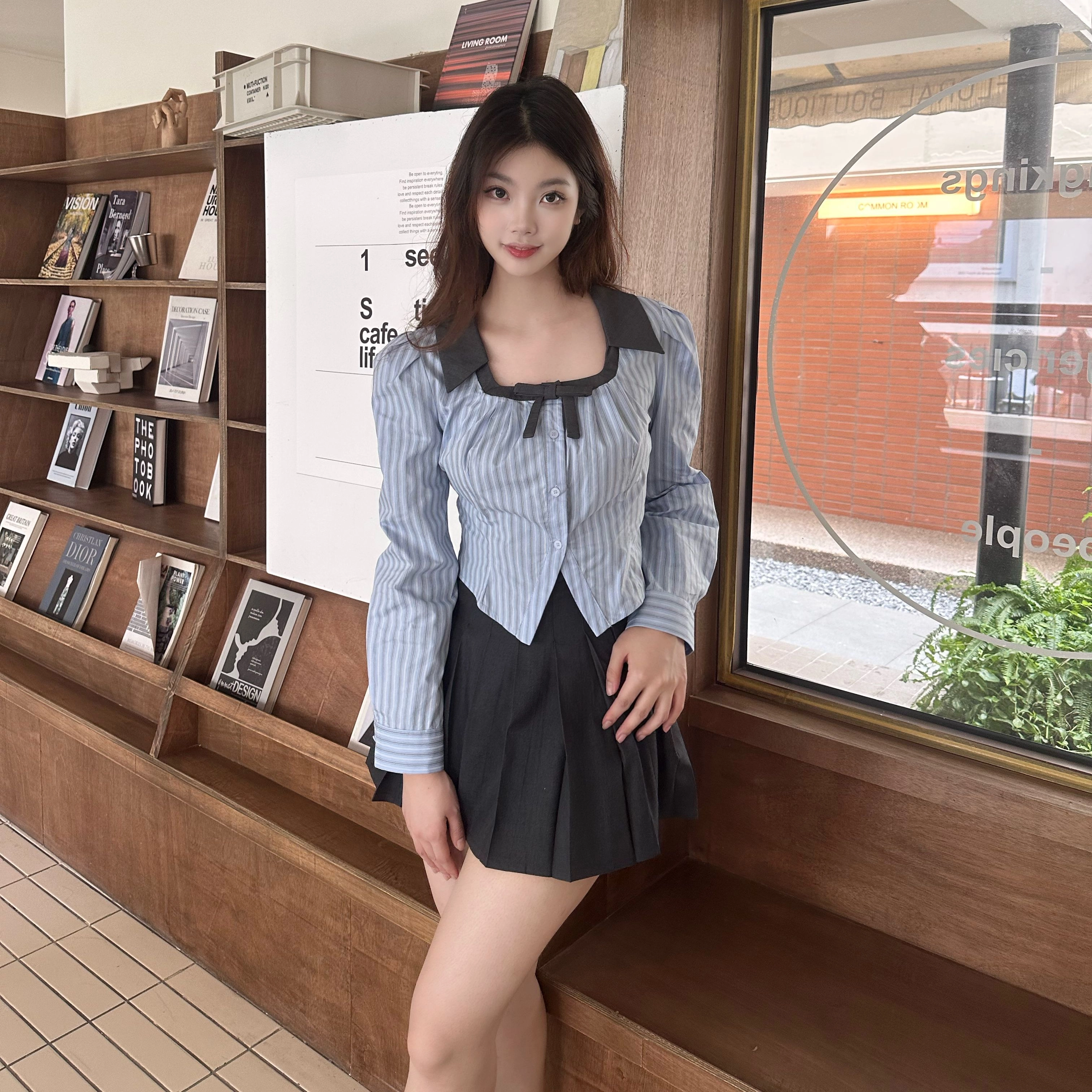 九条喵 方领拼接条纹收腰泡泡袖长袖衬衫制服 女款 蓝色