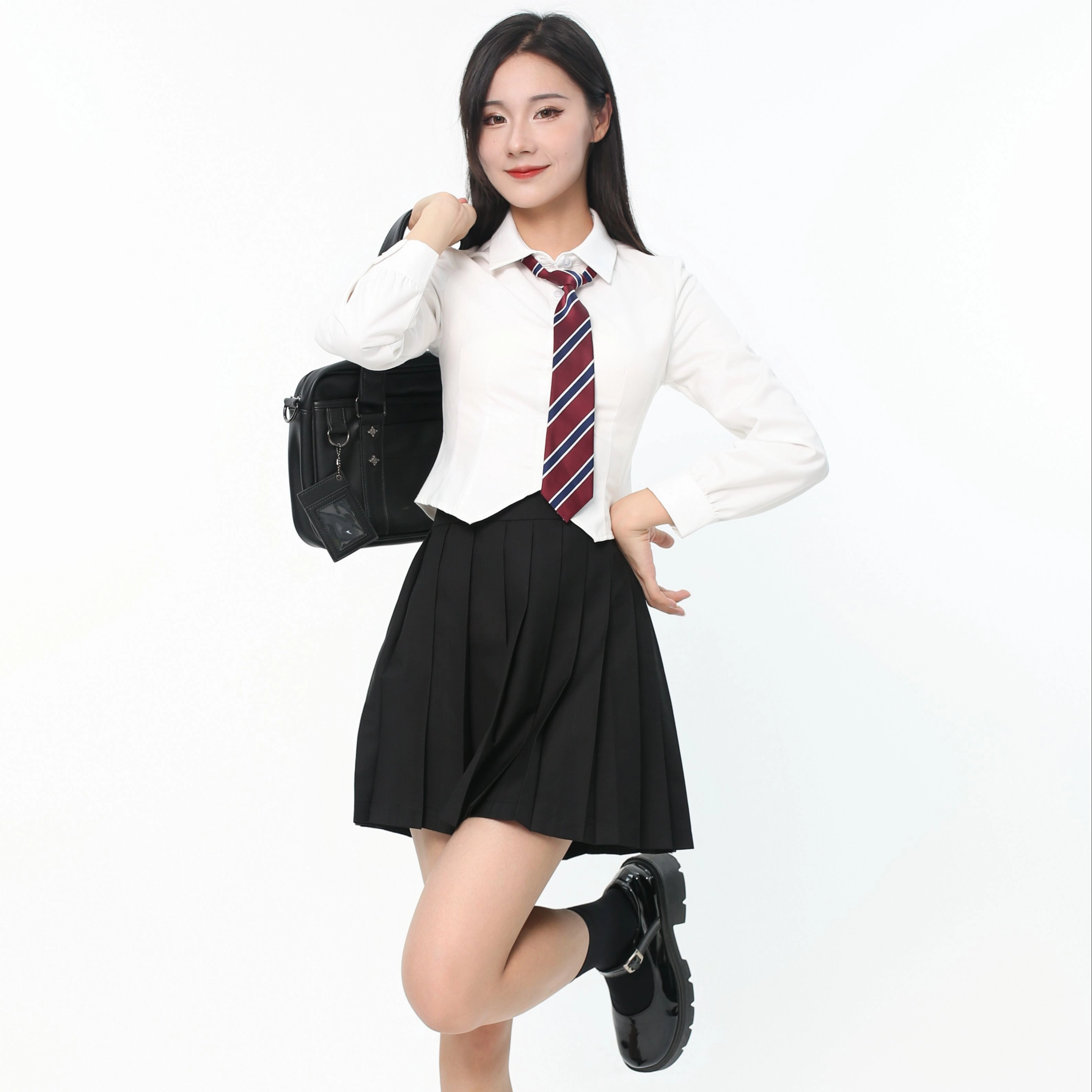 御茶家 学院风单排扣长袖衬衫纯色百褶裙制服套装 女款