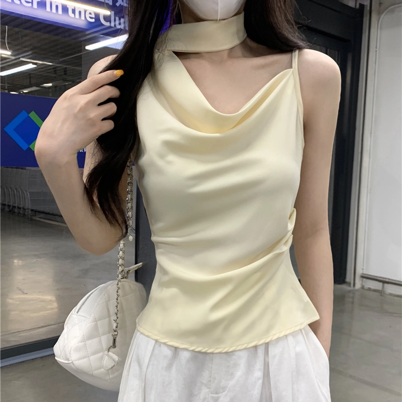 缪斯的诱惑 设计感斜肩荡领挂脖飘带女夏季气质时尚修身短款上衣吊带 女款