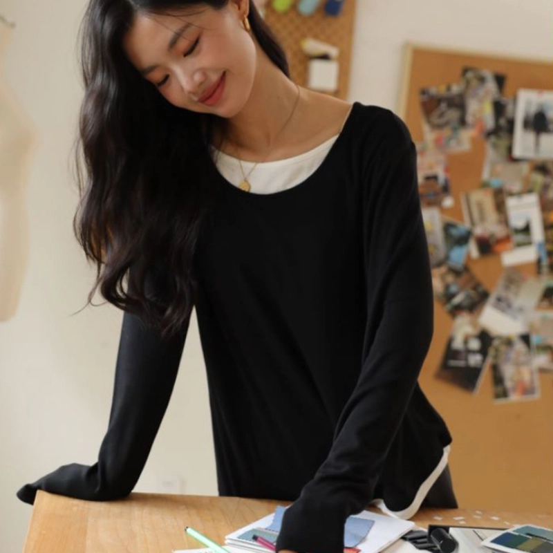 怡吾色 撞色拼接圆领休闲家居长袖上衣 简约纯色可外穿 女款