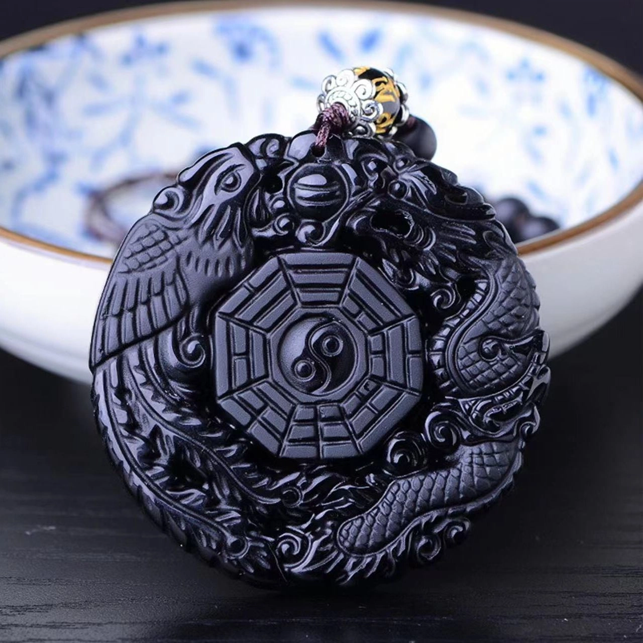 百慕眸 新中式国风五行太极平安龙凤呈祥阴阳八卦 小众高级感 黑曜石 玉石项链 男款