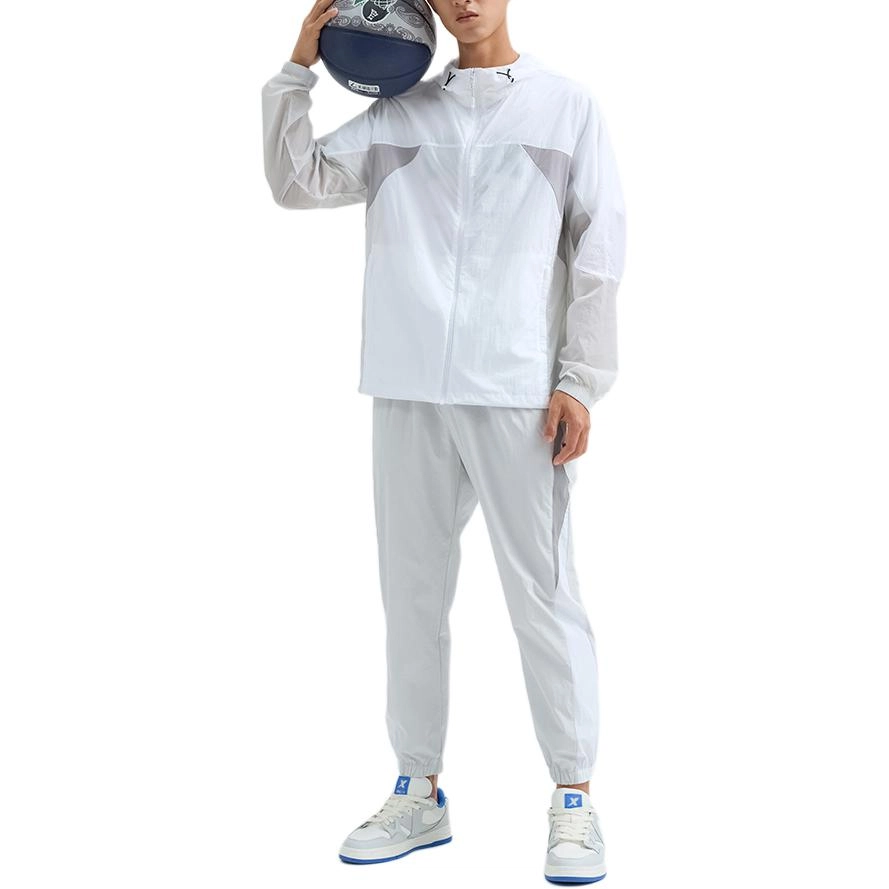 特步 篮球系列 梭织宽松撞色拼接连帽风衣 男款 珍珠白/云峰灰/泥土灰