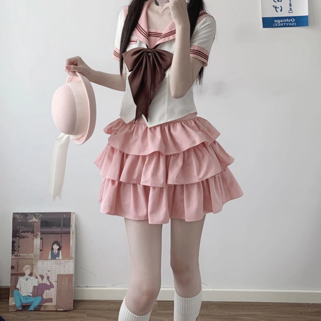 御茶家 小巧莓原创学院风水手服初恋感海军领短款收腰显瘦截短上衣蓬蓬蛋糕裙半身裙裙装套装 女款