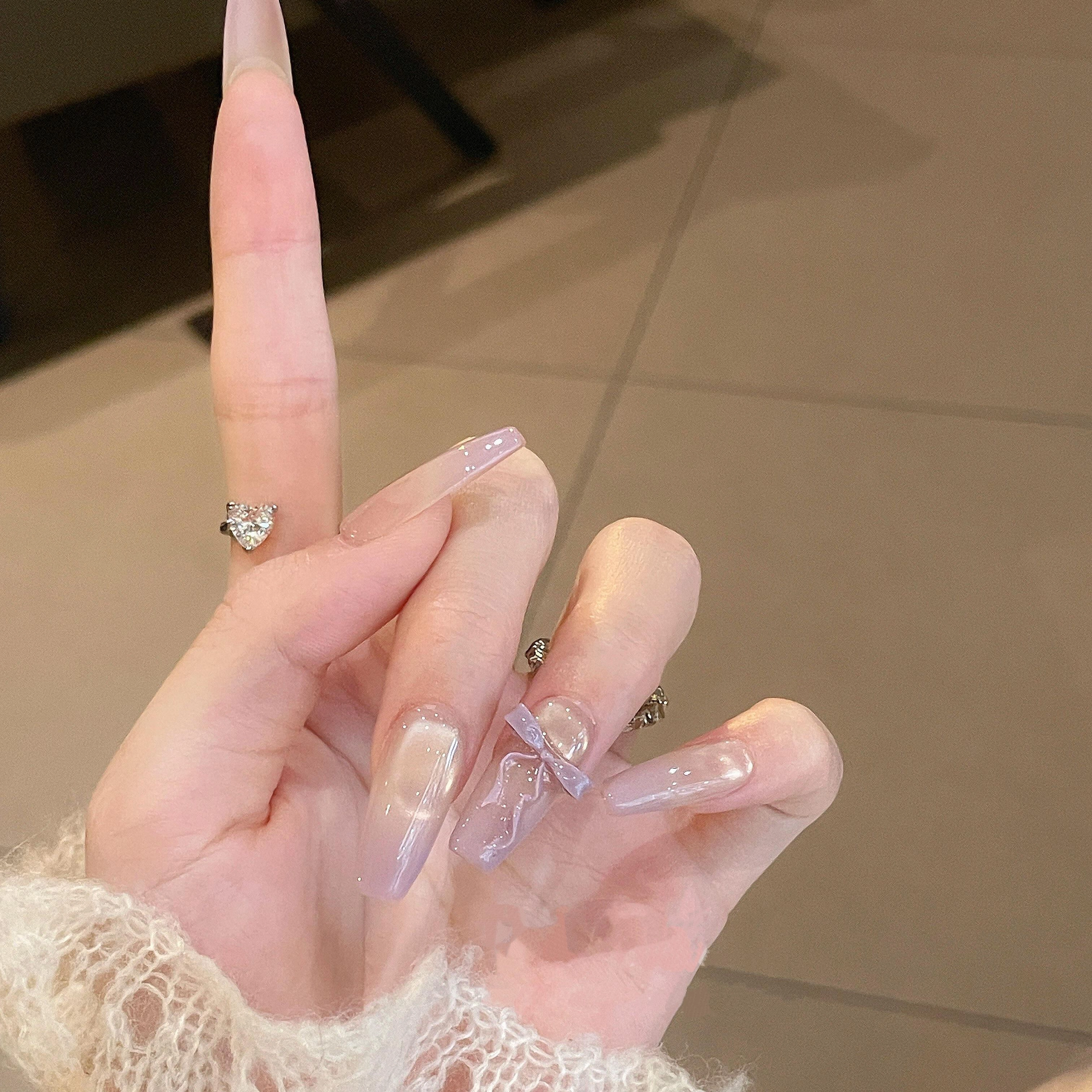 柚予颜 猫眼美甲蝴蝶结设计高级感显白气质款追光玻璃珠穿戴甲  长款淡紫色渐变 纯欲