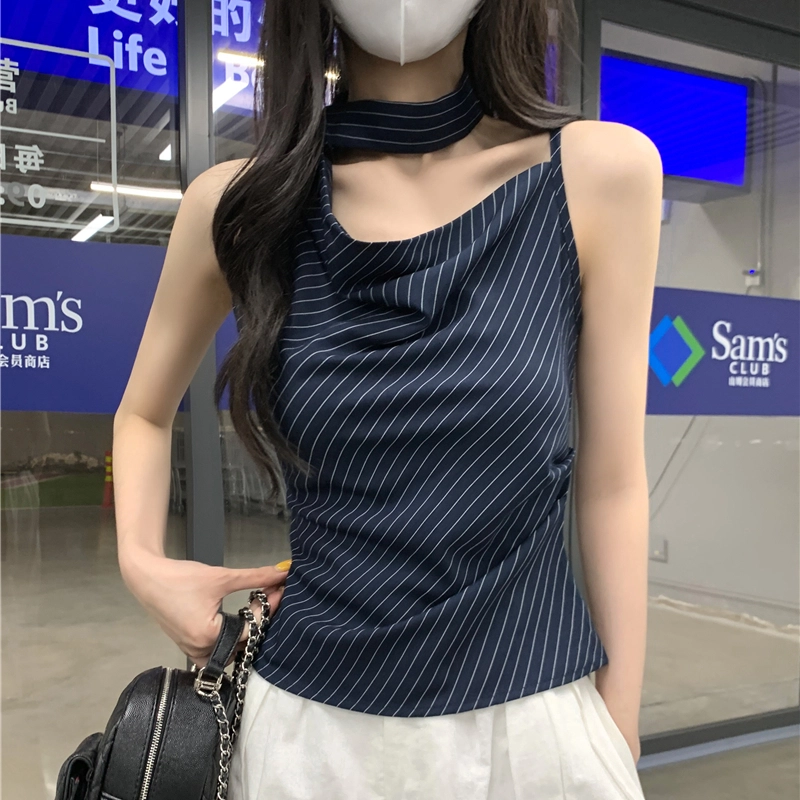 缪斯的诱惑 设计感斜肩荡领挂脖飘带女夏季气质时尚修身短款上衣吊带 女款