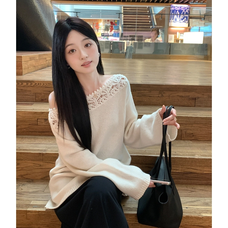 梨九九 镂空花边女秋长袖宽松慵懒上衣 针织衫 女款