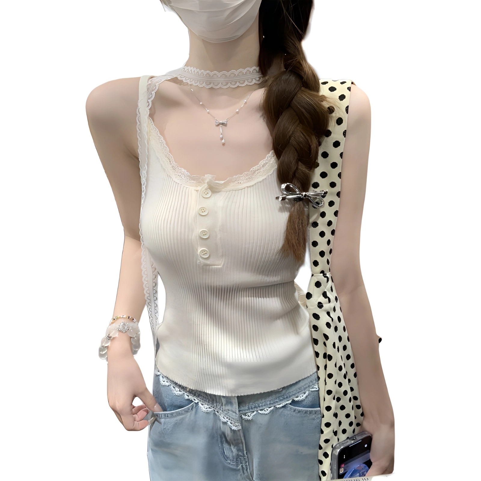 沐晓欣 夏季韩版纯欲蕾丝边纽扣设计感针织吊带上衣背心 女款