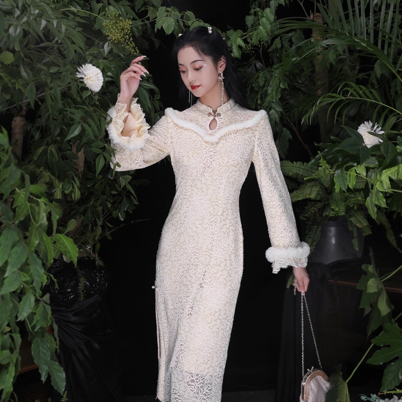 槿爷东方 蕾丝拼色毛边长旗袍 女款 奶咖色