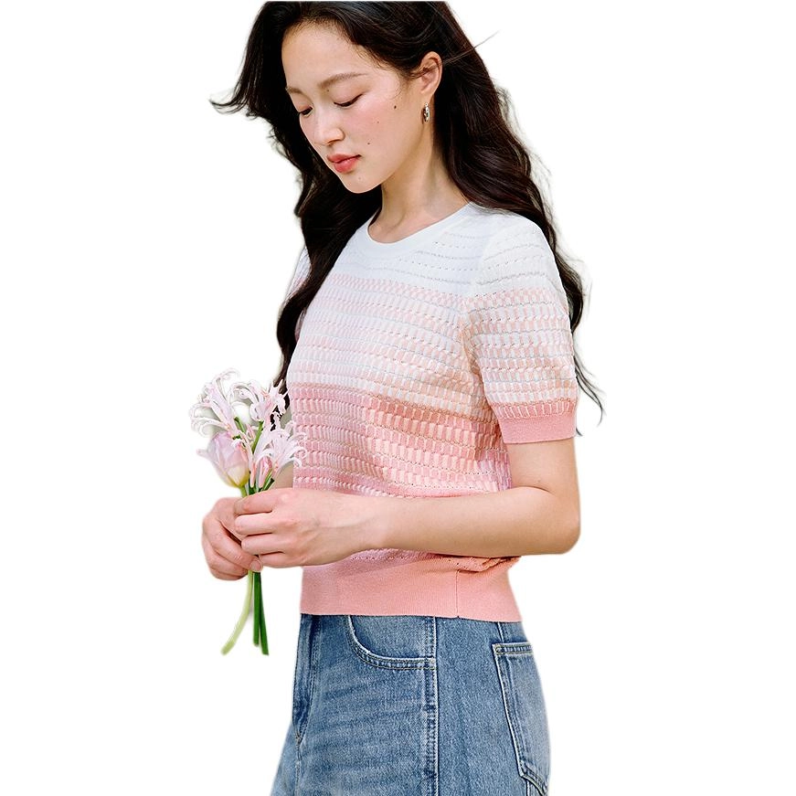 茵曼 淡人穿搭渐变短袖设计感针织衫 女款