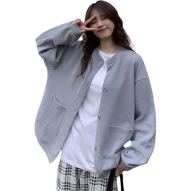 玉儿恋 纯色宽松圆领落肩单排扣开衫长袖卫衣 女款