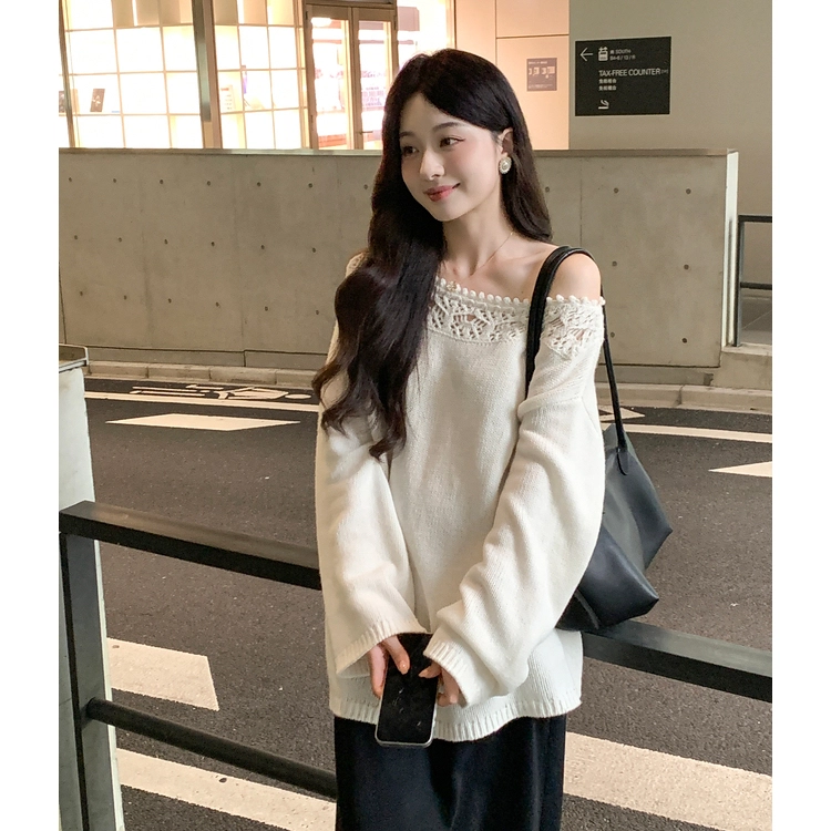 梨九九 镂空花边女秋长袖宽松慵懒上衣 针织衫 女款