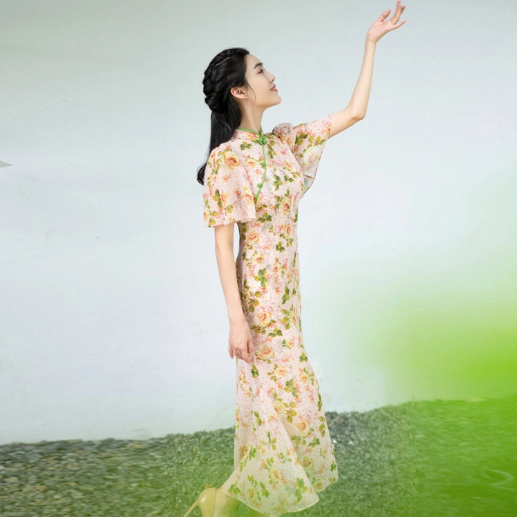 四美子 植物花卉立领中长款喇叭短袖旗袍裙装套装 女款 玫双影