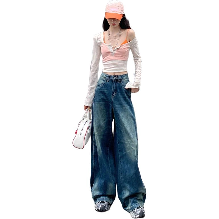 玫丝朵 美式复古潮流做旧设计时尚百搭宽松直筒垂感拖地牛仔裤 女款