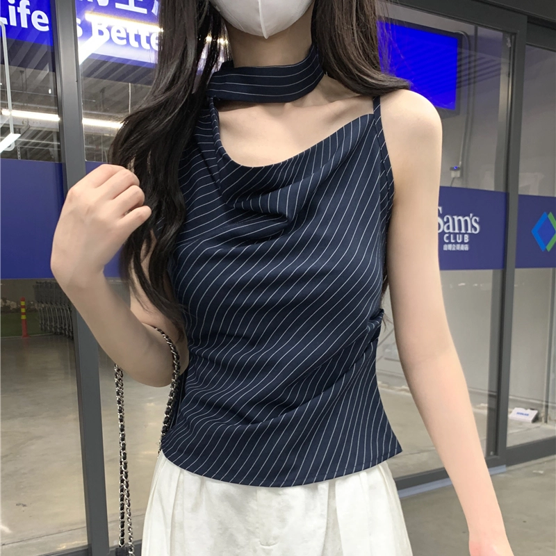 缪斯的诱惑 设计感斜肩荡领挂脖飘带女夏季气质时尚修身短款上衣吊带 女款