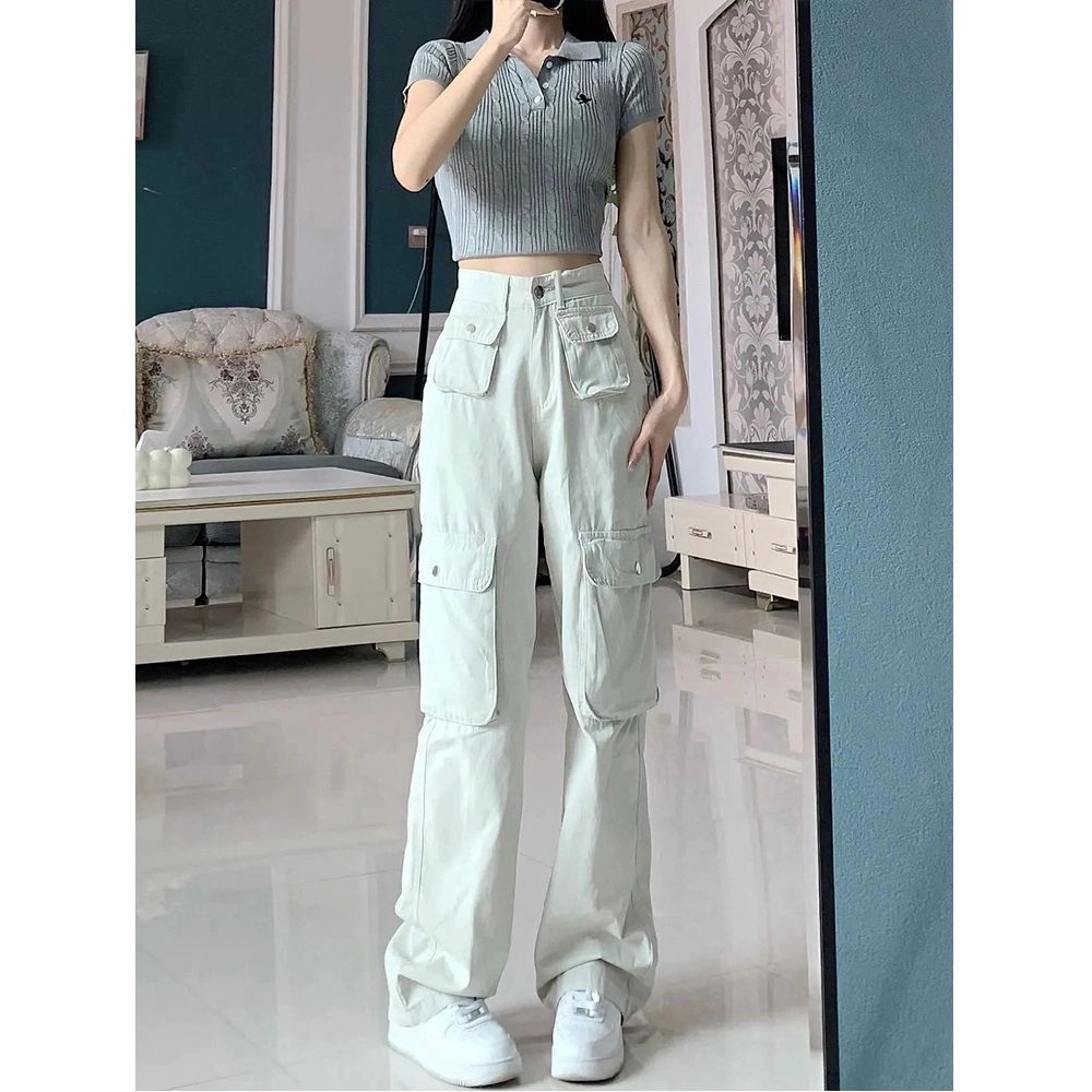 么宁 美式复古白色工装裤女直筒宽松阔腿高腰显瘦休闲多口袋牛仔裤 男女同款