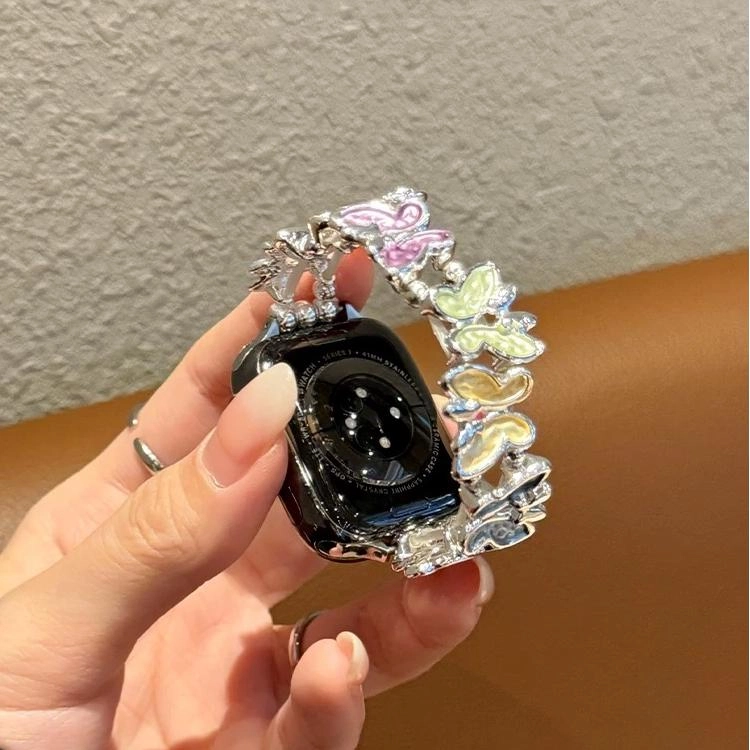 卫欣 苹果适用 手表表带 金属  串珠材质 蝴蝶串珠弹力表带男女通用