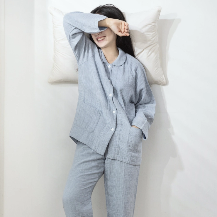 怡吾色 情侣款纯棉长袖睡衣家居服 可外穿轻柔加厚四层纱休闲套装