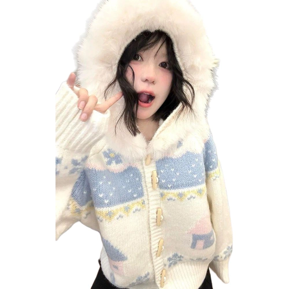 费尔岛上的猫 慵懒风费尔岛牛角扣连帽宽松针织衫 女款