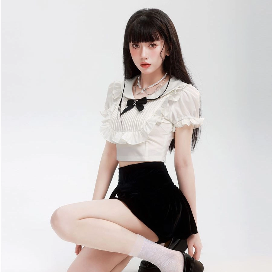 高桥十一 圆领泡泡袖衬衣蝴蝶结丝绒裙裤制服套装 女款
