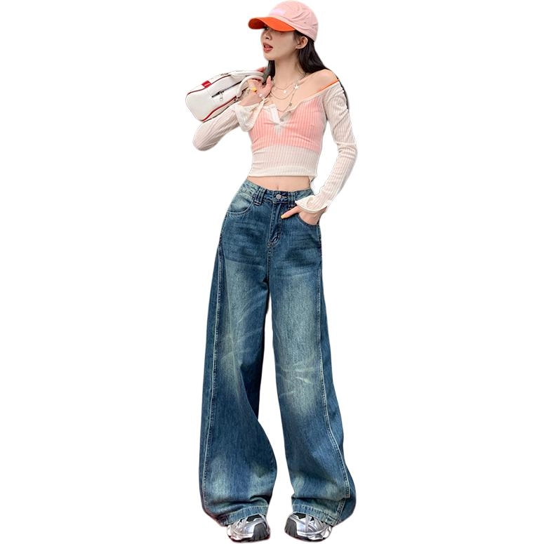 玫丝朵 美式复古潮流做旧设计时尚百搭宽松直筒垂感拖地牛仔裤 女款