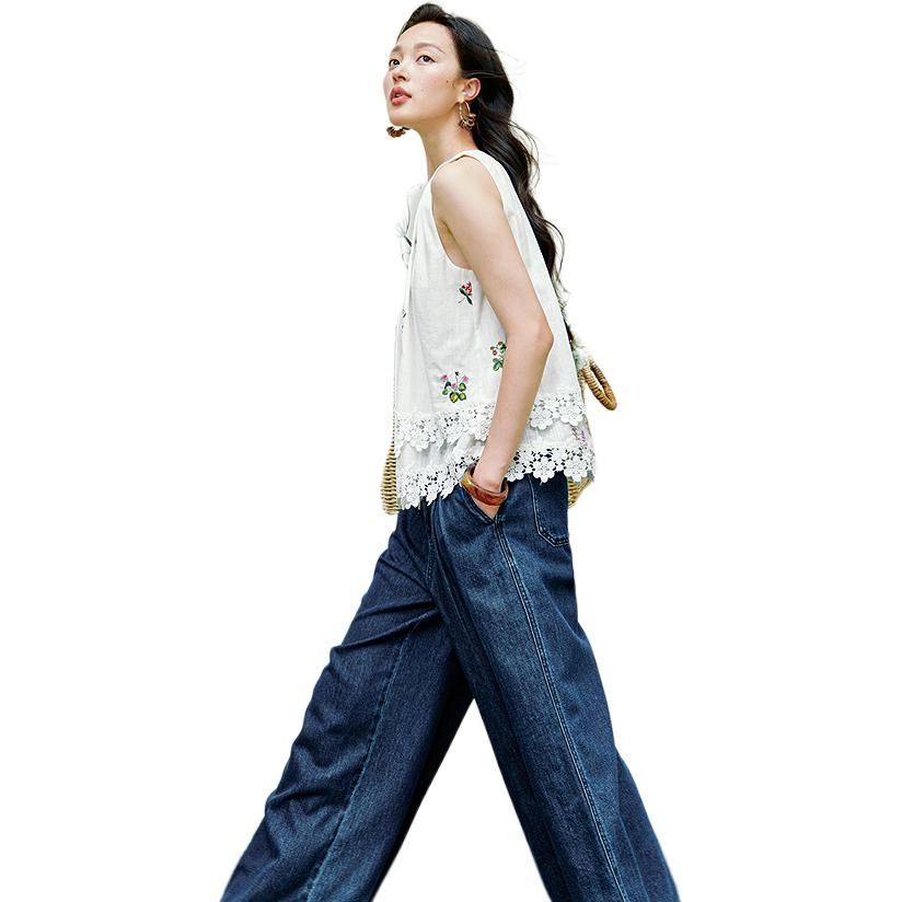 茵曼 茵曼甜美刺绣蕾丝拼接露肩挂脖绝美无袖衬衣背心 女款