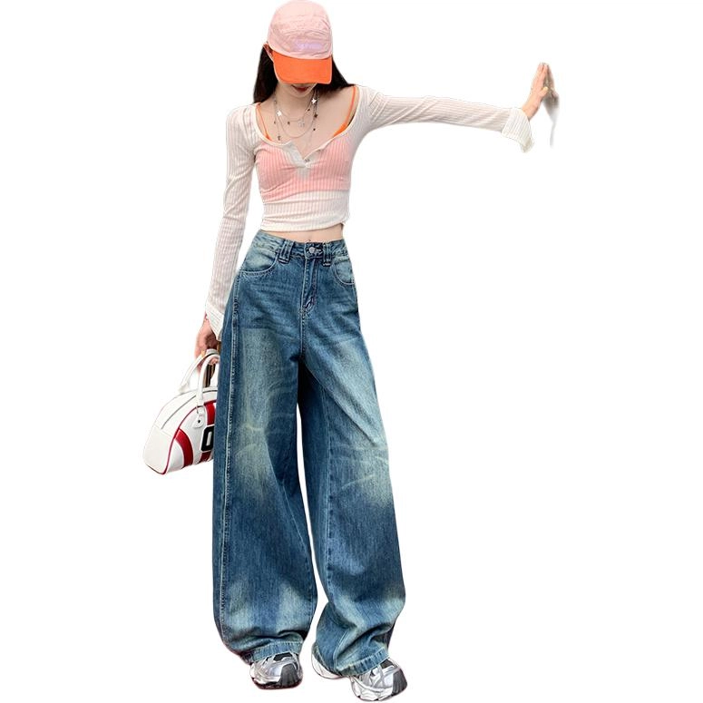 玫丝朵 美式复古潮流做旧设计时尚百搭宽松直筒垂感拖地牛仔裤 女款
