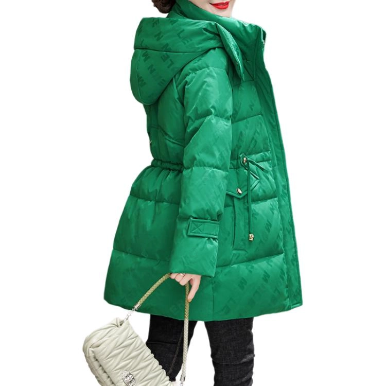 鸭鸭 中长款时尚印花宽松舒适保暖休闲连帽羽绒服 女款