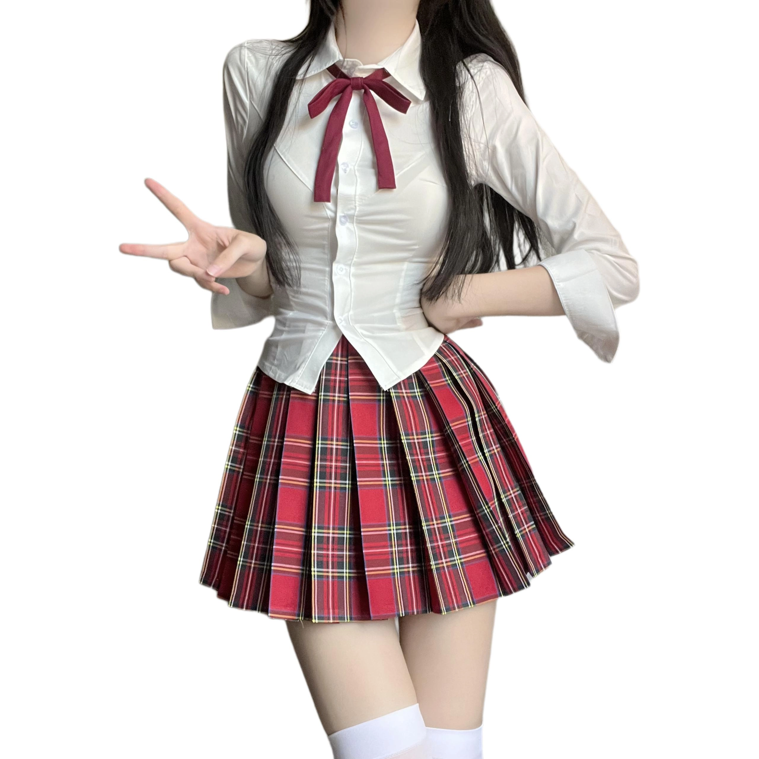 花山家的猫 红色格纹百褶裙收腰长袖衬衫制服 女款
