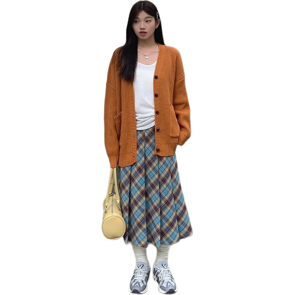 木清清 学院风半身裙显瘦气质高腰格子休闲长裙 女款 蓝色格纹