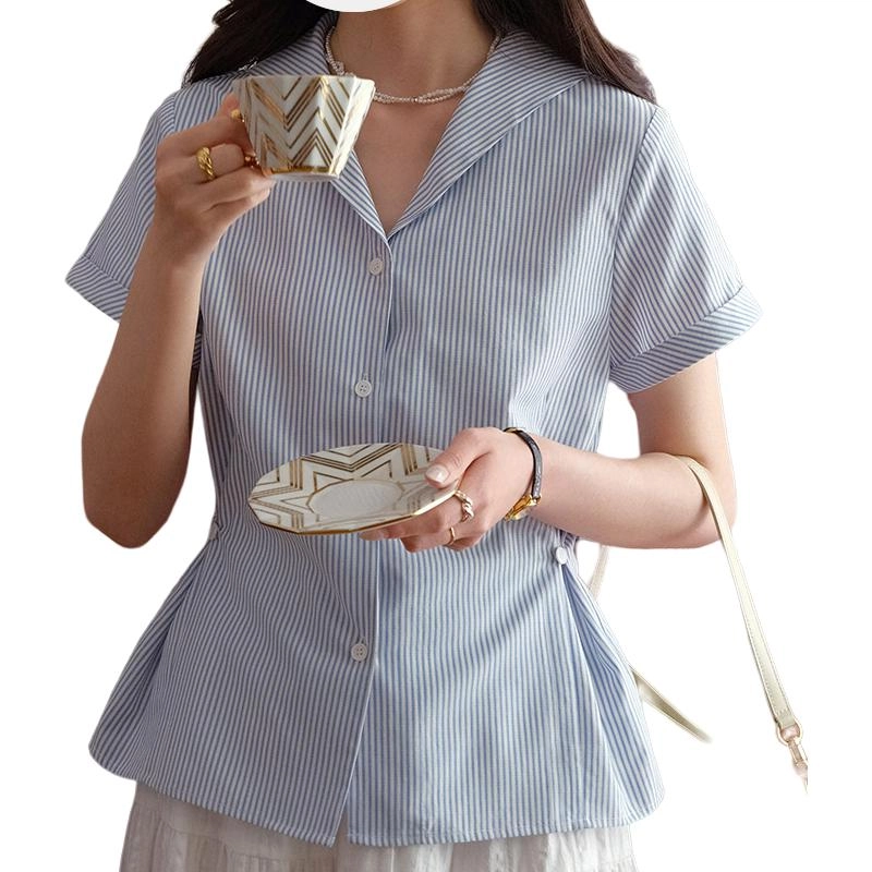 水中花 暗纹肌理法式海军领白色夏装绝美小上衣短袖衬衫 女款