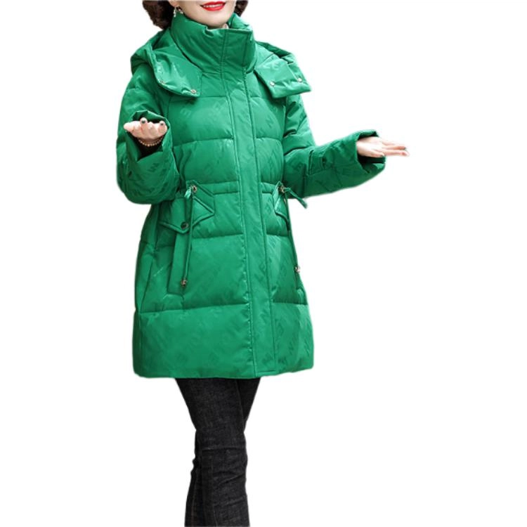 鸭鸭 中长款时尚印花宽松舒适保暖休闲连帽羽绒服 女款