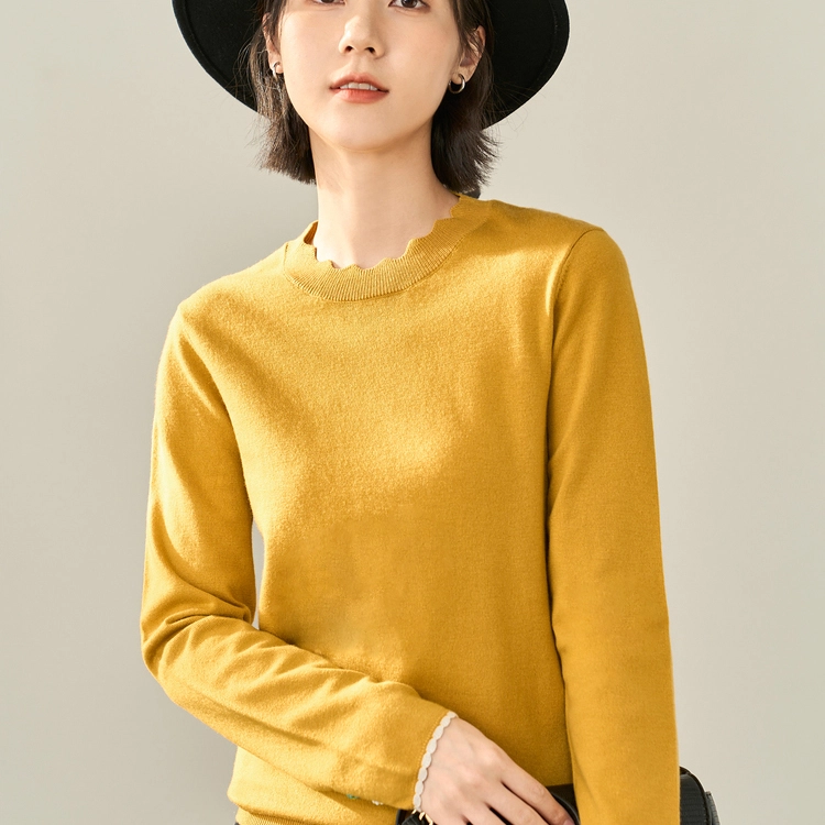 茵曼 纯色木耳边圆领套头毛衣 女款