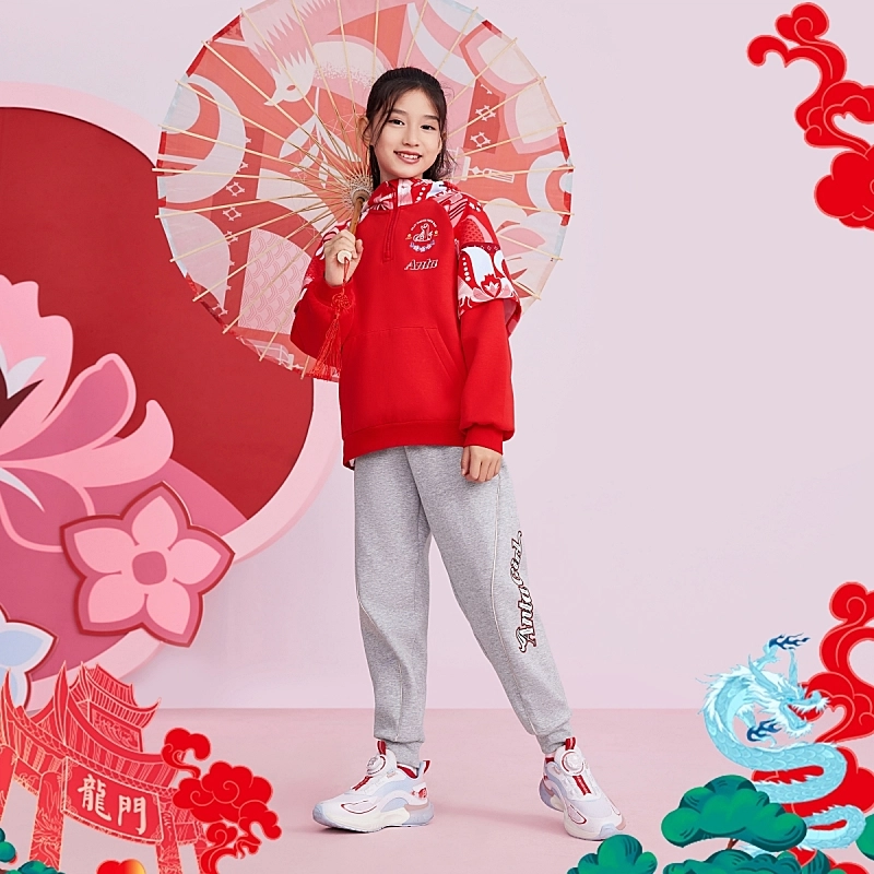 儿童款 安踏儿童 新年款 初登龙门 字母印花松紧腰针织运动裤 花灰